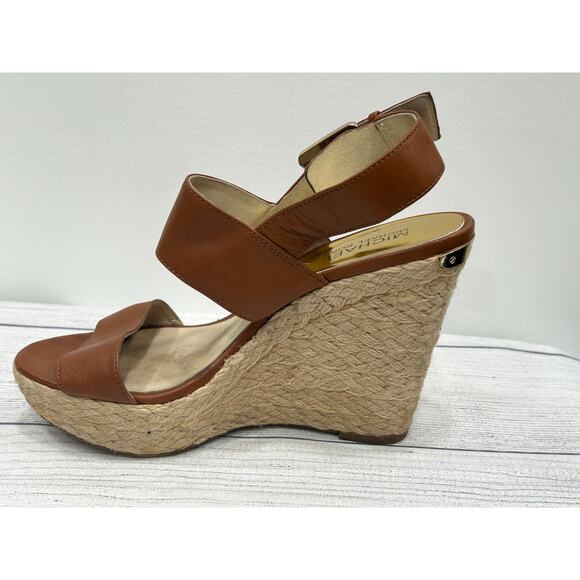 Michael Kors Womens Brown Leather Boho Buckle Strap Espadrille Wedge Sandals 7 - Picture 1 of 12